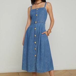 🆕 💛L’AGENCE Esmeralda Denim Pinafore Midi Dress Gold Button Front Blue Size 8